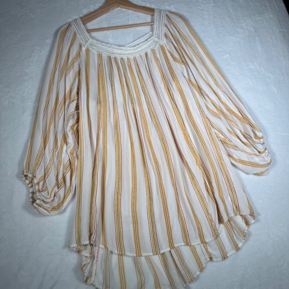 Urban Outfitters Tops - Urban Outfitters Striped Boho Lace Trim Peasant Top Square Neck Balloon Sleeve S